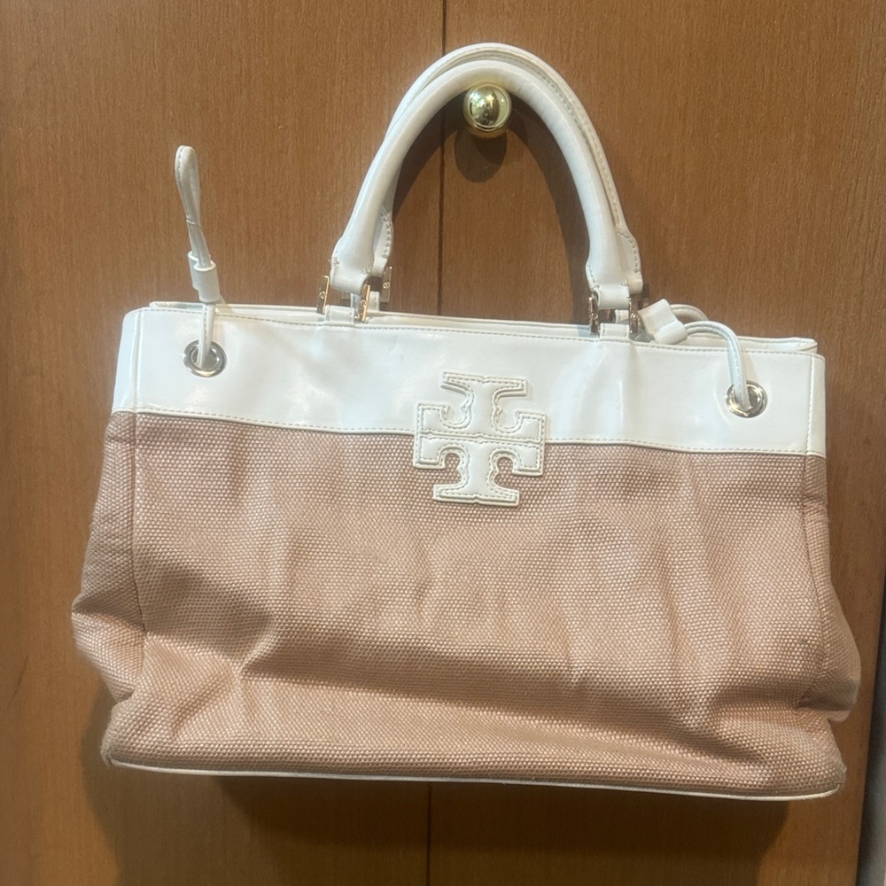Tory Burch Beige Canvas and White Leather Two-Tone Satchel